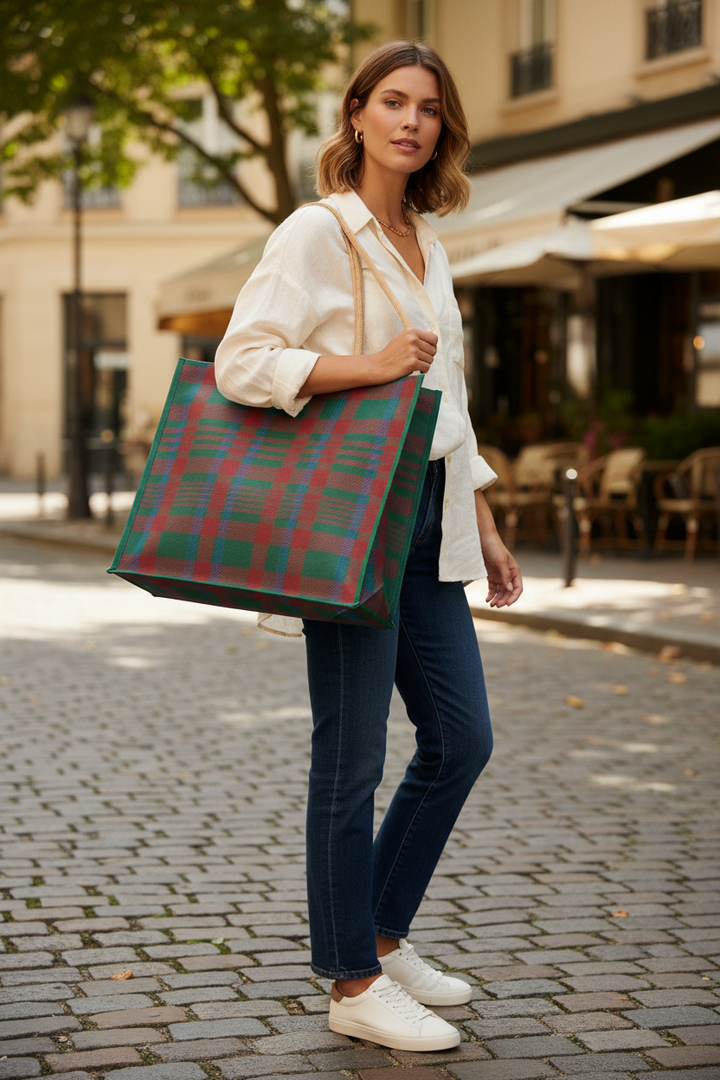 Telluride Plaid Juco Carryall Tote: large rectangular red and green plaid tote with light-colored shoulder straps.