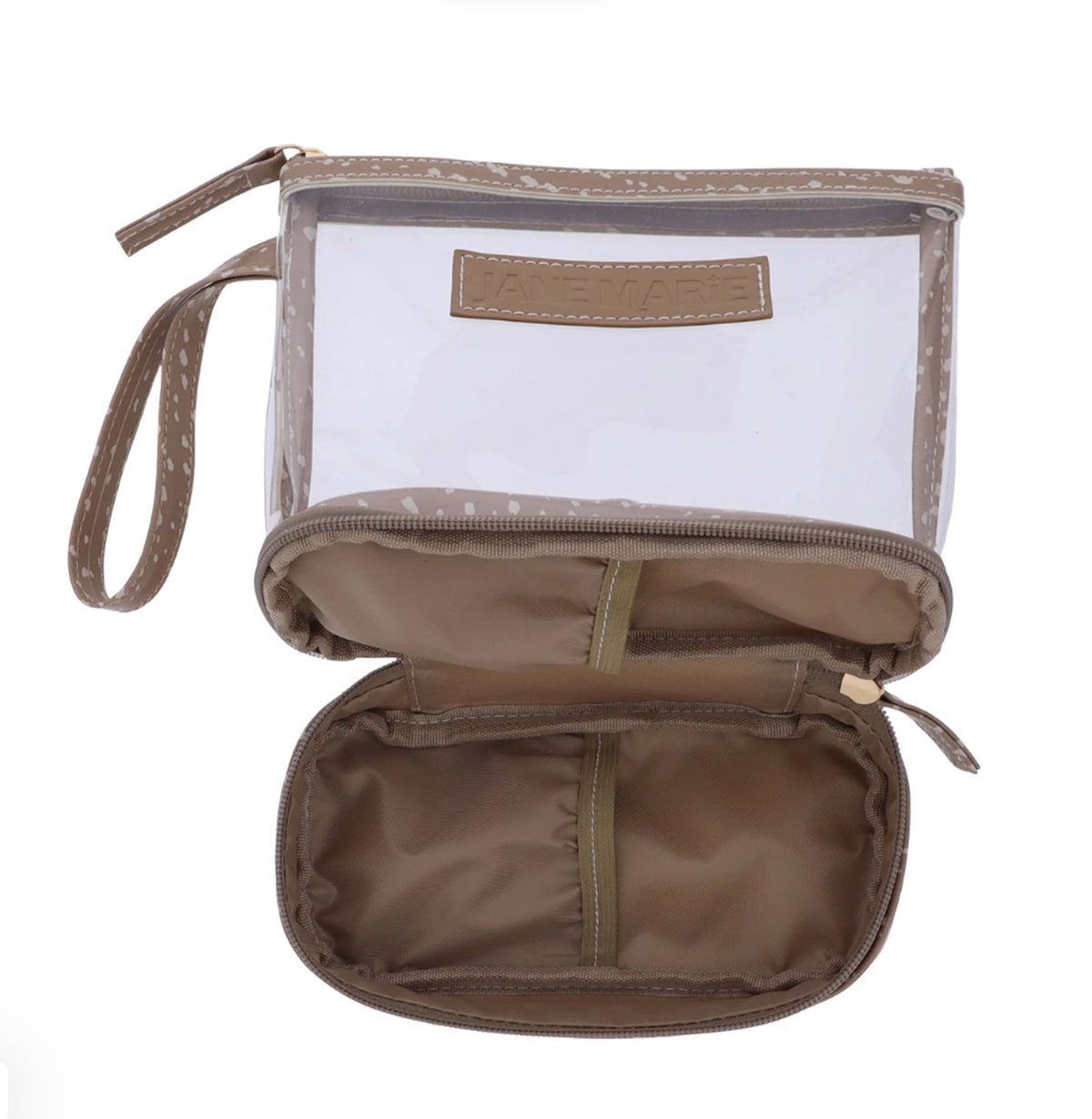 Clear PVC rectangular zippered pouch in small size with tan trim and wrist strap; light brown interior with small organizing pockets.
