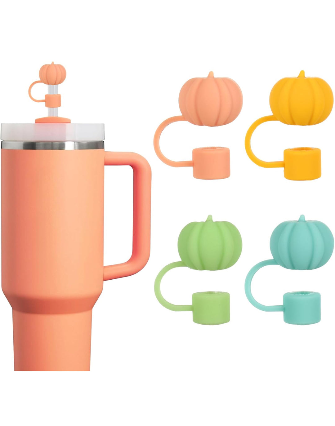 Pumpkin Straw Covers set: pumpkin lid, fits standard tumblers; includes covers in pink, yellow, green, and blue.