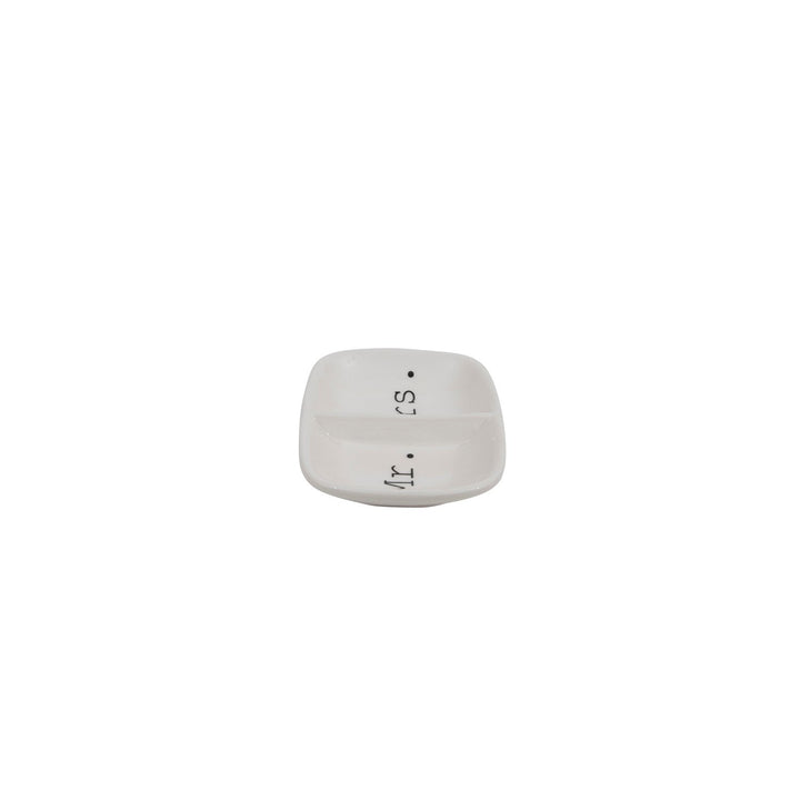 Small white ceramic dish with divider, "Mr." and "Mrs." in black text. Size available: 2-section ring holder.
