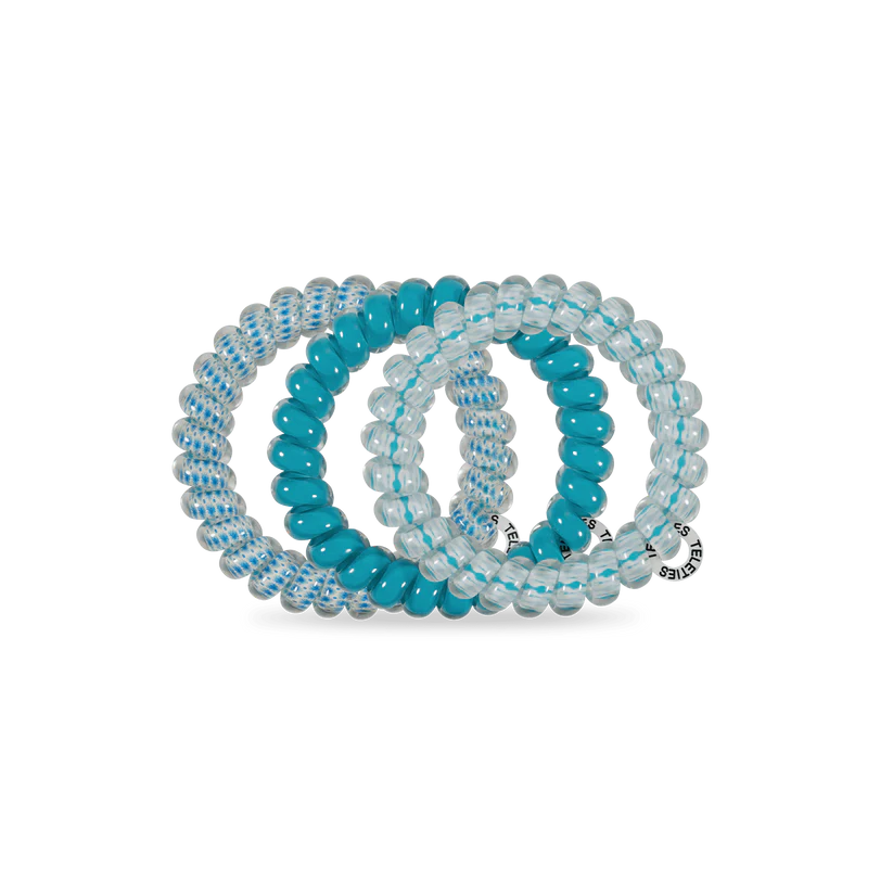 Set of 3 TELETIES Hair Ties in blue, teal, and clear with small tags; available in small and large sizes.
