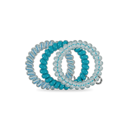Set of 3 TELETIES Hair Ties in blue, teal, and clear with small tags; available in small and large sizes.