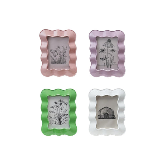 Set of four 4x6 resin photo frames in pink, purple, green, and white with wavy rectangular designs.