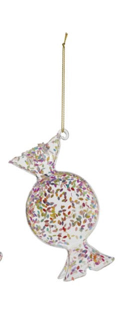 Confetti glass candy ornament with gold string.