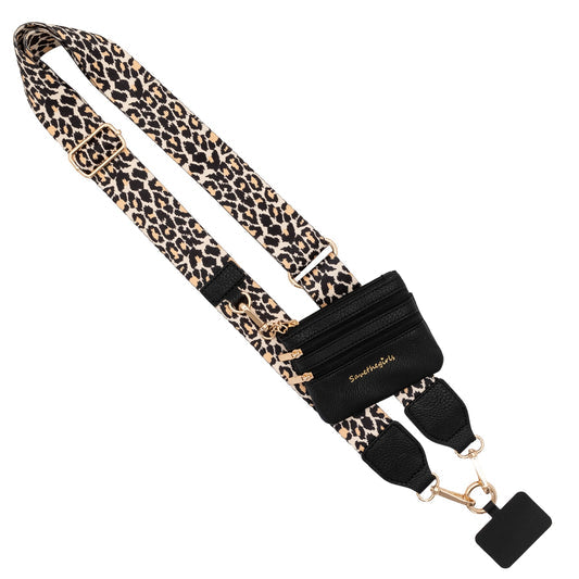Black zippered pouch with gold accents, wide leopard crossbody strap, "Sammy + Nat" in gold. Sizes: Small, Medium, Large.