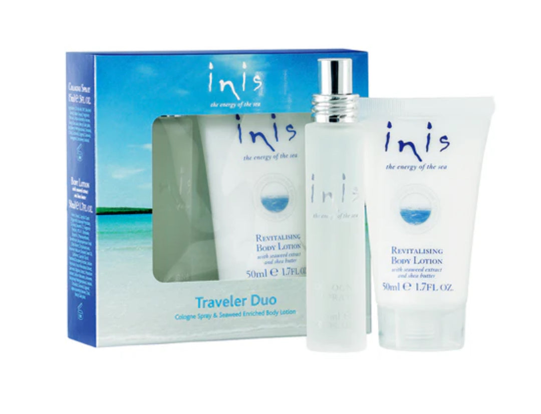 Inis Travel Duo boxed set with blue ocean design includes travel-size cologne and 50ml seaweed-enriched body lotion.