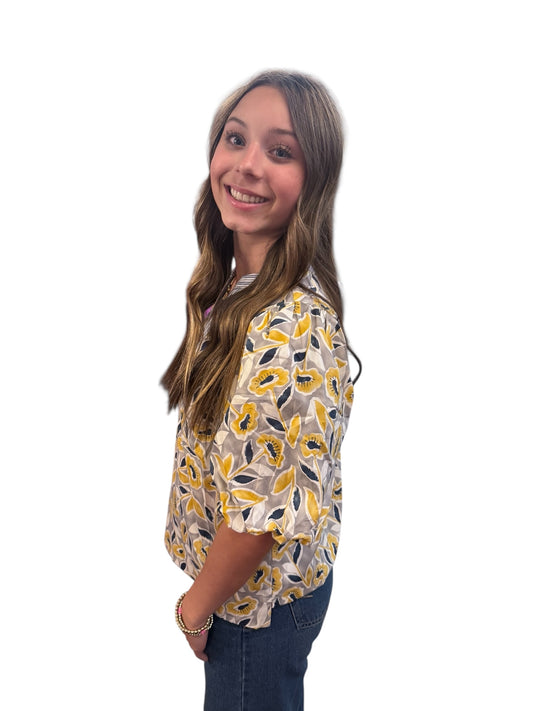 Misty Bloom Botanical Puff Sleeve Top featuring puffed sleeves. Available in XS, S, M, L, and XL.