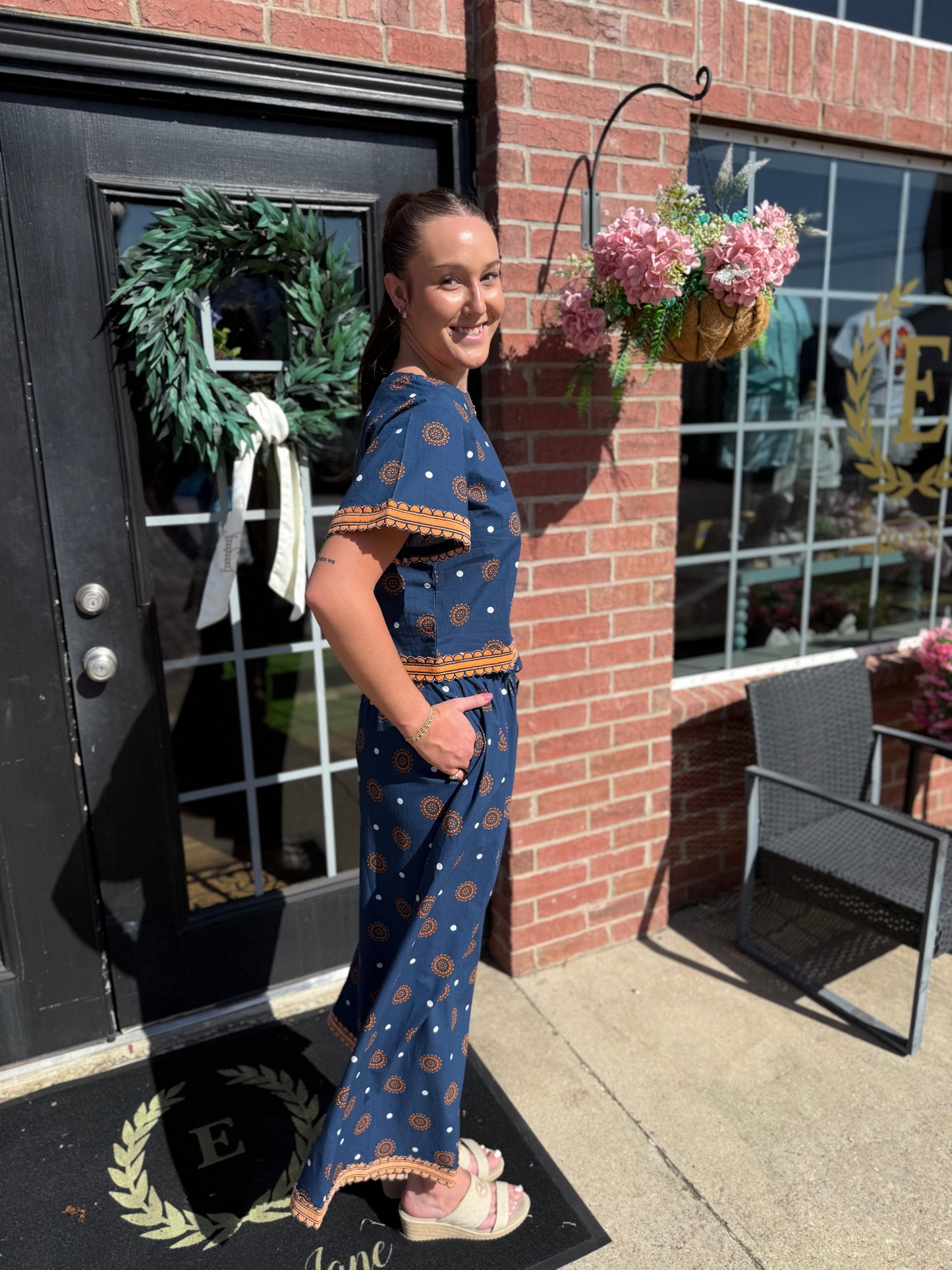 Auburn Medallion Skirt Set featuring a coordinated top and skirt with medallion print; available in sizes XS–XL.