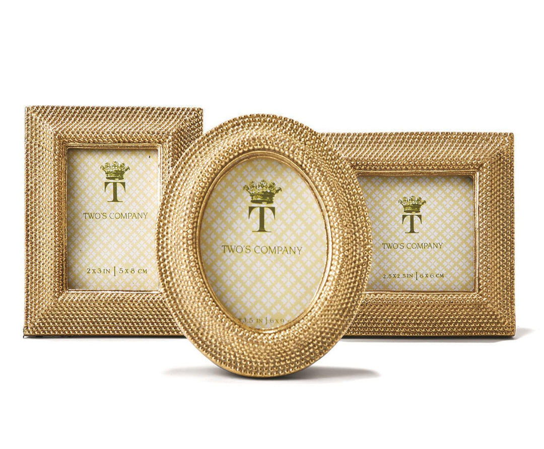 Three Golden Dots Photo Frames in two rectangular and one oval shape, textured design. Sizes: 4x6", 5x7", 5x7" (oval).