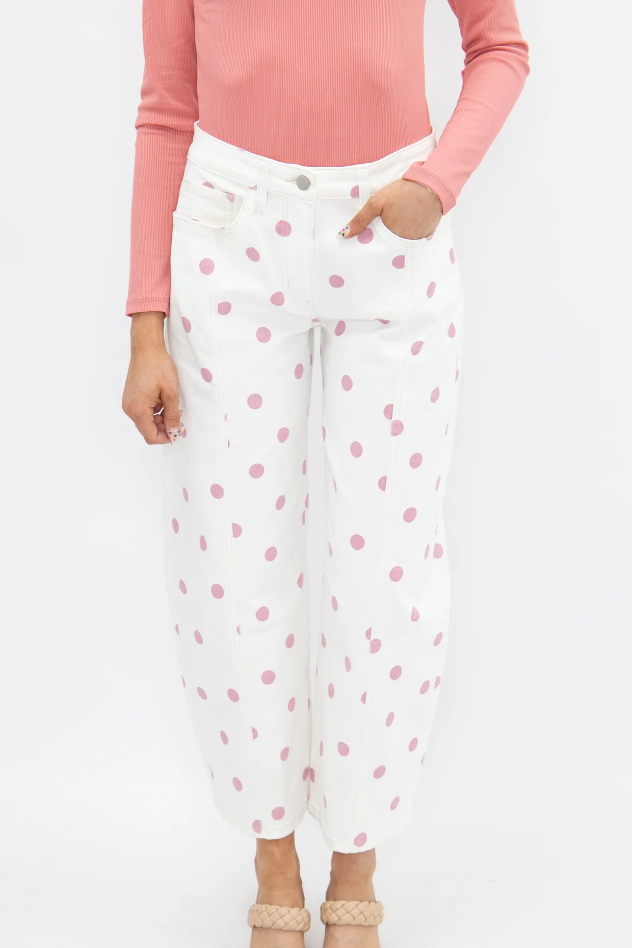 Pink Polka Dot Barrel Jeans in stretch denim with high-rise fit. Available in sizes 24-32.