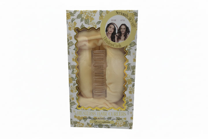 Box for "Heatless Hair Curler" with a soft yellow fabric curler, clear clip, floral design. Sizes: S, M, L.