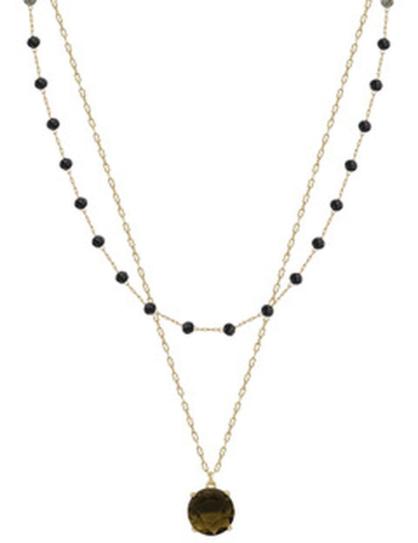 Double-chain necklace with small black beads on upper gold layer, bold black pendant on lower. Available in sizes S, M, L.