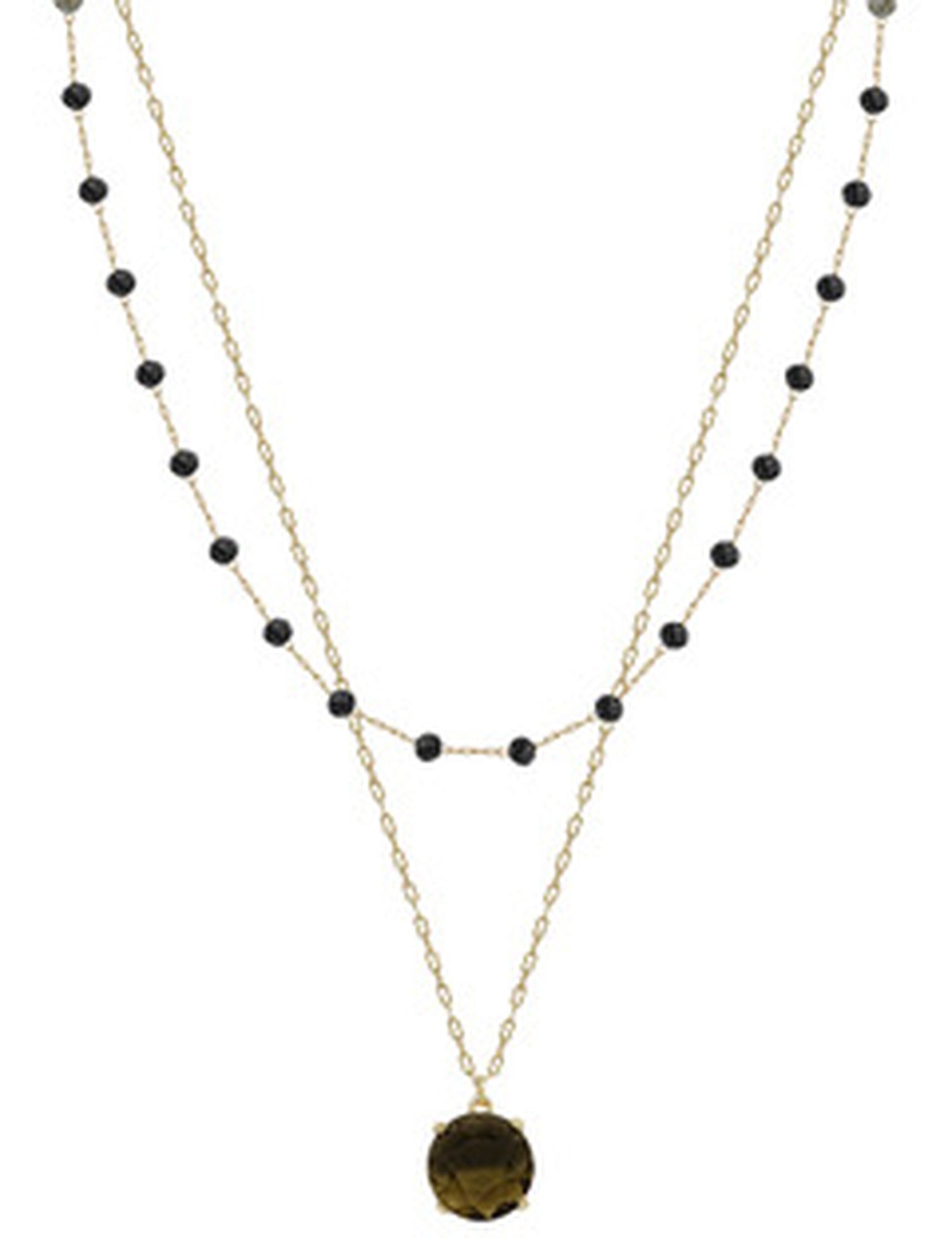 Double-chain necklace with small black beads on upper gold layer, bold black pendant on lower. Available in sizes S, M, L.