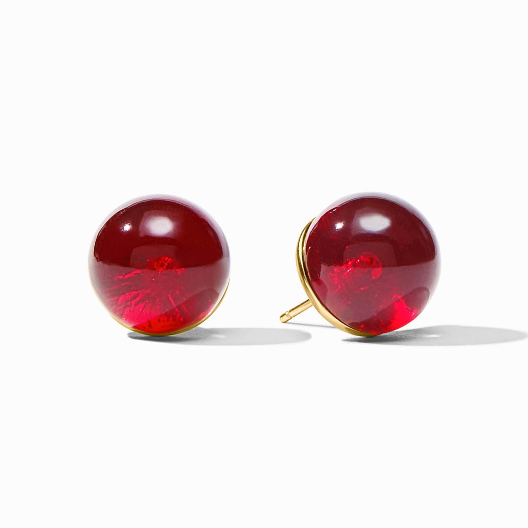 Ravello Cranberry stud earrings with round, deep red stones and 24K gold-plated posts. Available in various sizes.
