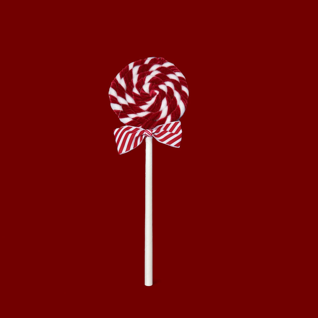 Christmas Candy Stem, red and white striped lollipop ornament with ribbon bow.