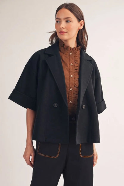 Black Half Sleeve Short Coat, available in sizes XS–XL.