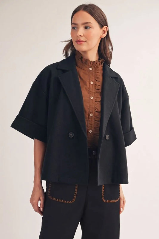Black Half Sleeve Short Coat, available in sizes XS–XL.