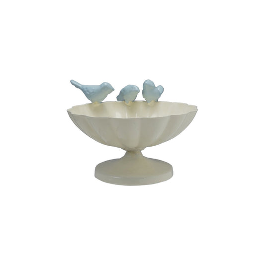 5” L metal scalloped bowl with antique white-blue finish and 3D bird on rim. Size: 5 inches long.