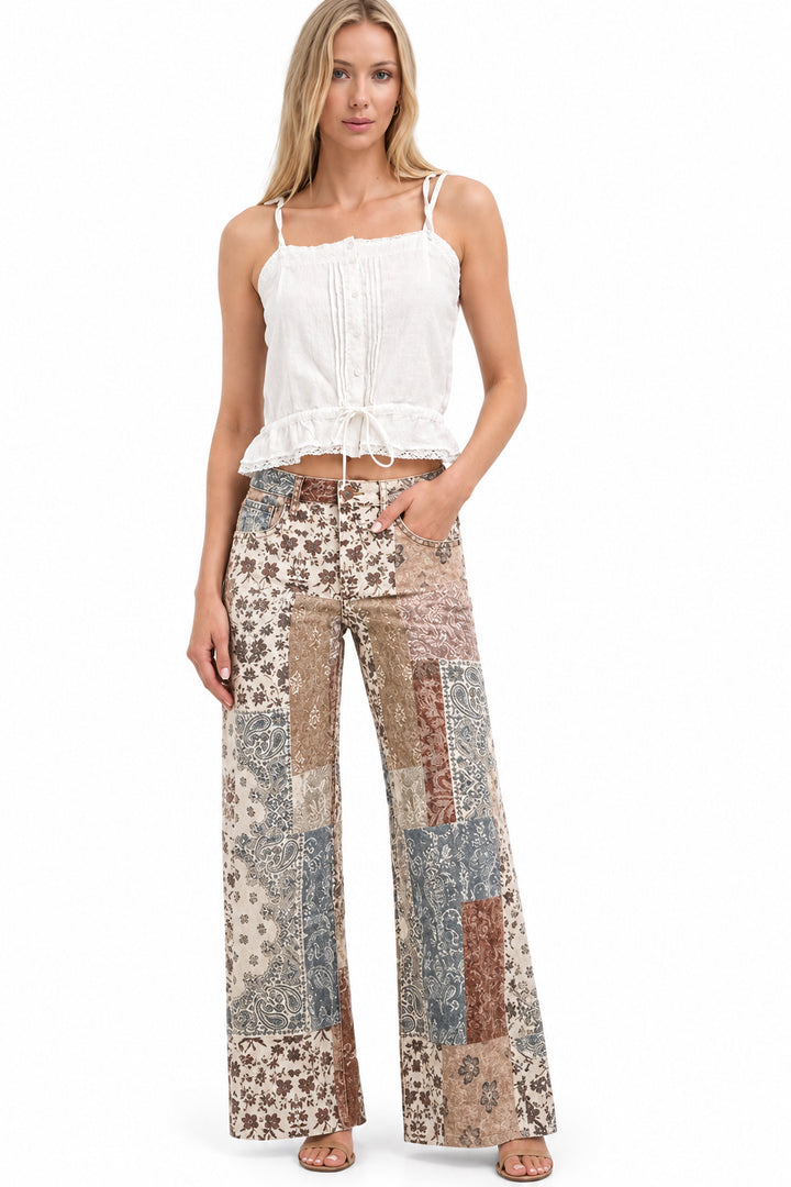 Risen High Rise Ankle Wide Jeans in multicolored patchwork paisley. Sizes available.