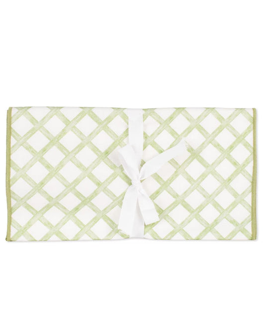 Watercolor Trellis Runner in white/green with light green lattice, green border, and ribbon bow. Available in multiple sizes.