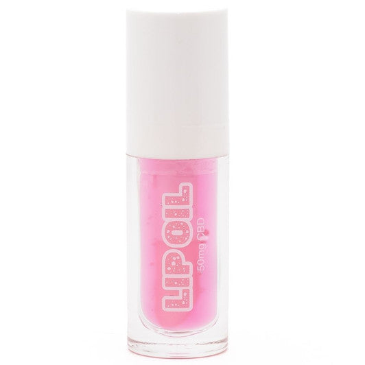 Clear tube of pink Tinted Lip Oil with a white cap, labeled "LIP OIL 50mg CBD." Available in standard retail size.