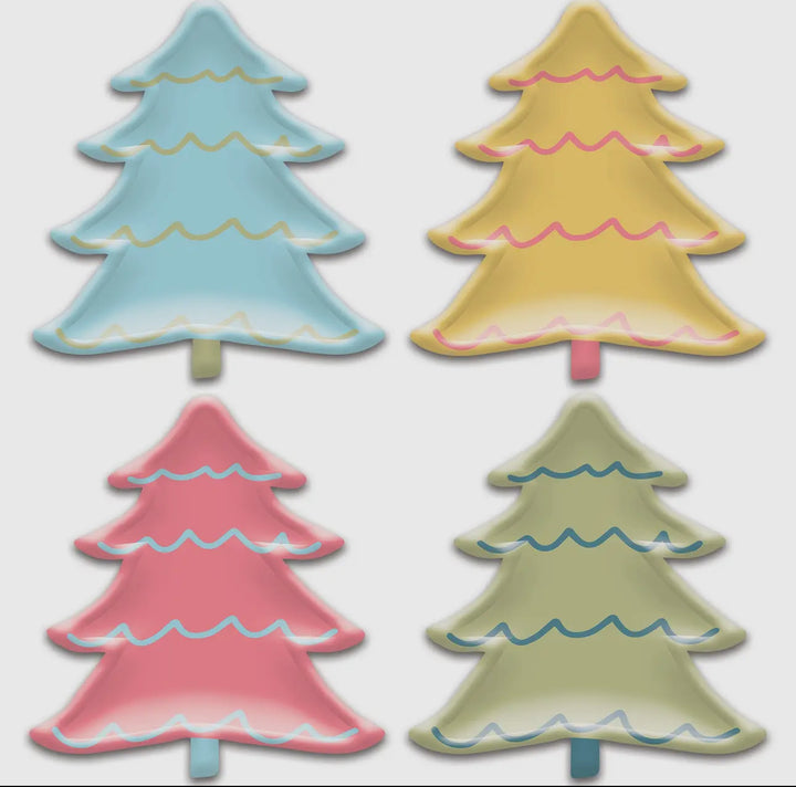 Four tree-shaped holiday paper plates in blue, yellow, pink, and green with wavy lines.