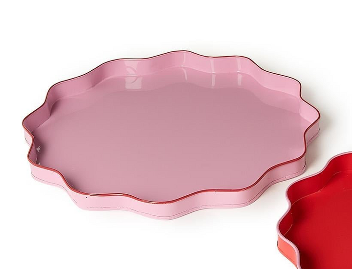 Light pink scalloped tray with dark pink rim. Available in multiple sizes.