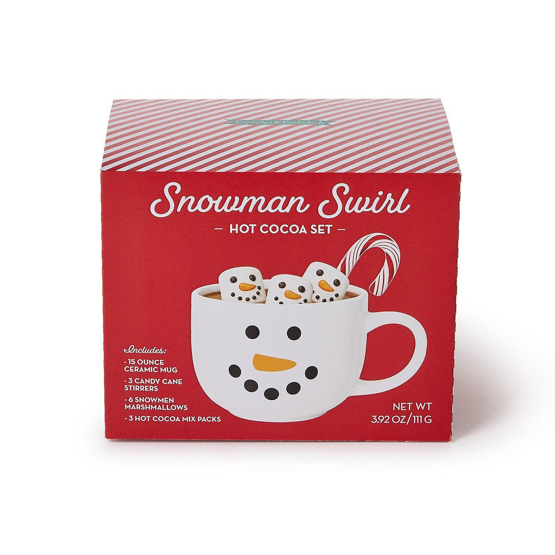 Snowman Swirl Hot Cocoa Set in a red box, including a 15-ounce ceramic mug, three candy cane stirrers, six snowman marshmallows, and three hot cocoa mix packs.