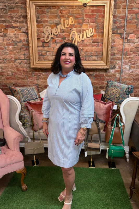 Seersucker Button-Up Striped Dress. Available in sizes XS-XL.
