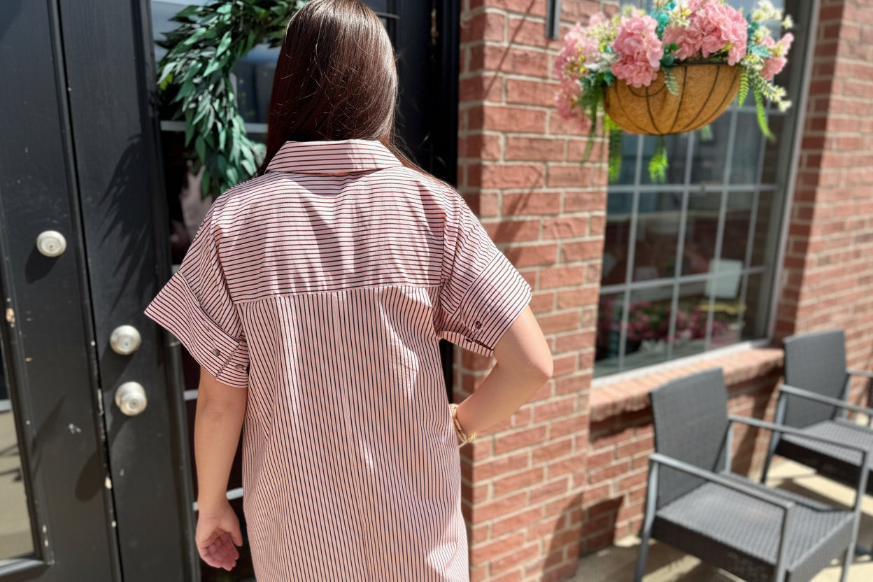Pink & Brown Striped Polo Midi Dress, available in sizes XS–XL.