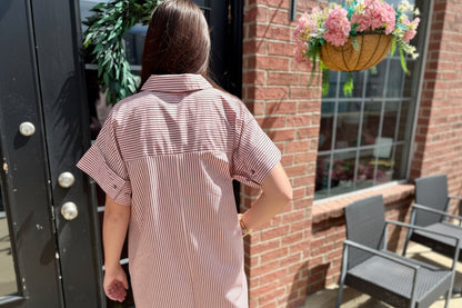 Pink & Brown Striped Polo Midi Dress, available in sizes XS–XL.