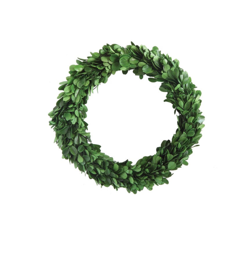 9-3/4” Preserved Boxwood Wreath with densely arranged green leaves in a full circular ring; available in 9-3/4” size.