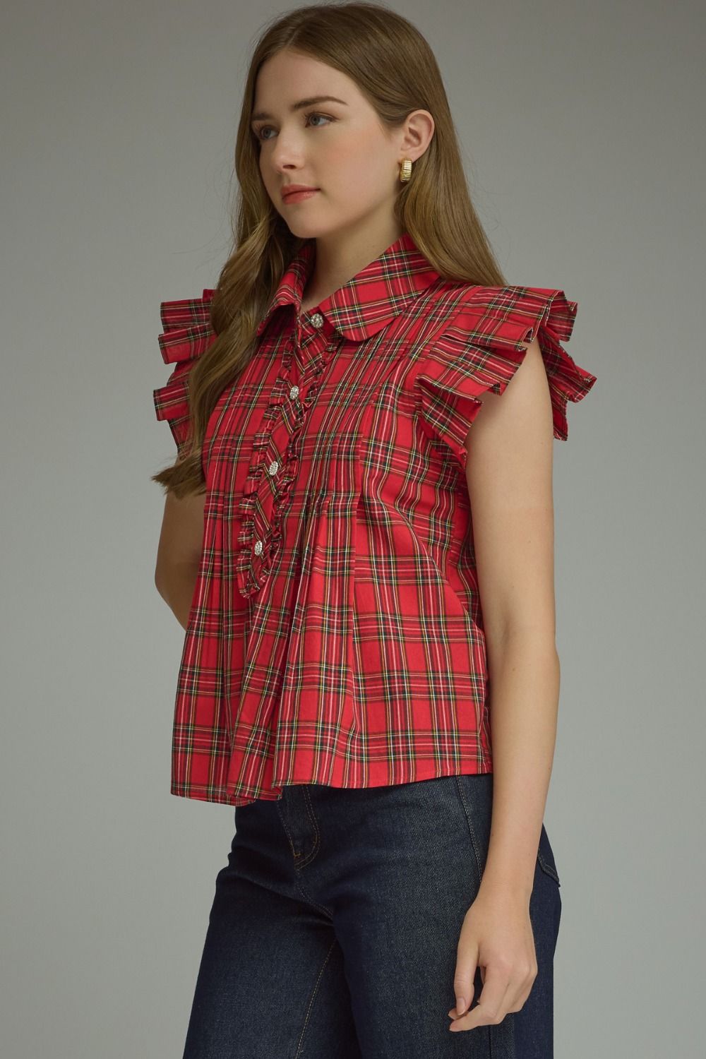 Plaid Ruffle Blouse with ruffle detailing, available in sizes XS-XL.