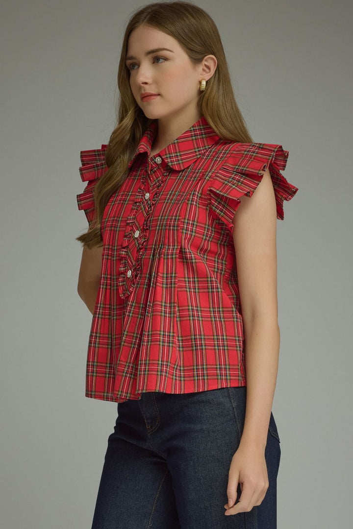 Plaid Ruffle Blouse with ruffle detailing, available in sizes XS-XL.