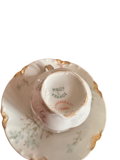 Antique hand-painted porcelain demitasse cup & saucer with gold trim, floral design, base marks: "H&C° FRANCE," 3oz size.