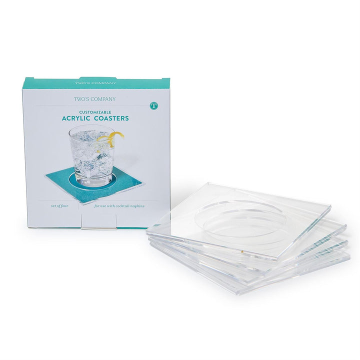 Square, clear acrylic Customizable Acrylic Coasters, pack of four.