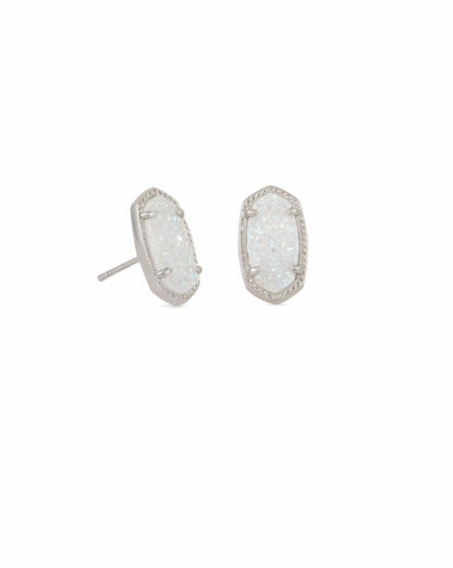 Ellie Silver Stud Earrings by Kendra Scott with iridescent drusy stones in textured silver frames. Available in one size.