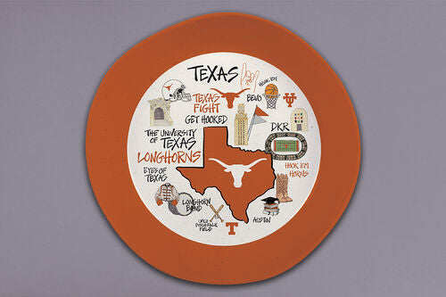 Texas Mel 13.5 Bowl features a Longhorn design with Texas-themed illustrations, including state landmarks, map, slogans like “Texas Fight,” and UT Austin symbols. Available in 13.5 size.