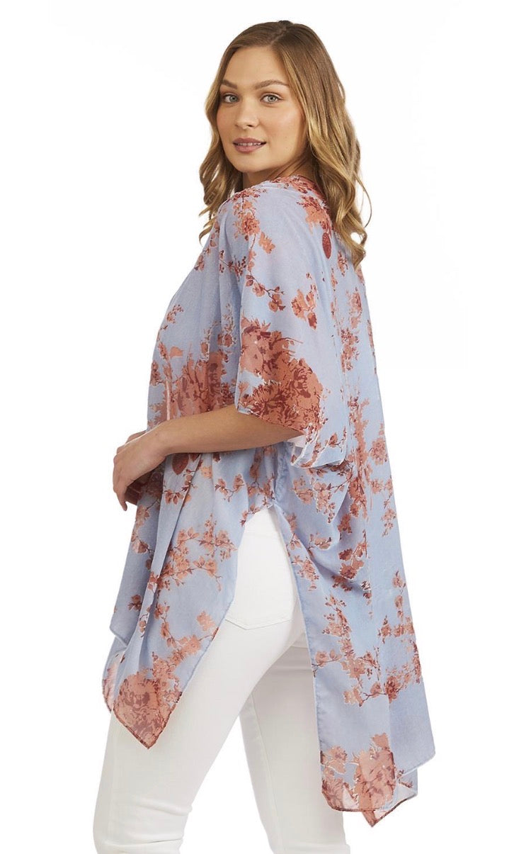Periwinkle Blue Velvet Kimono with pink floral accents, available in sizes XS–XL.