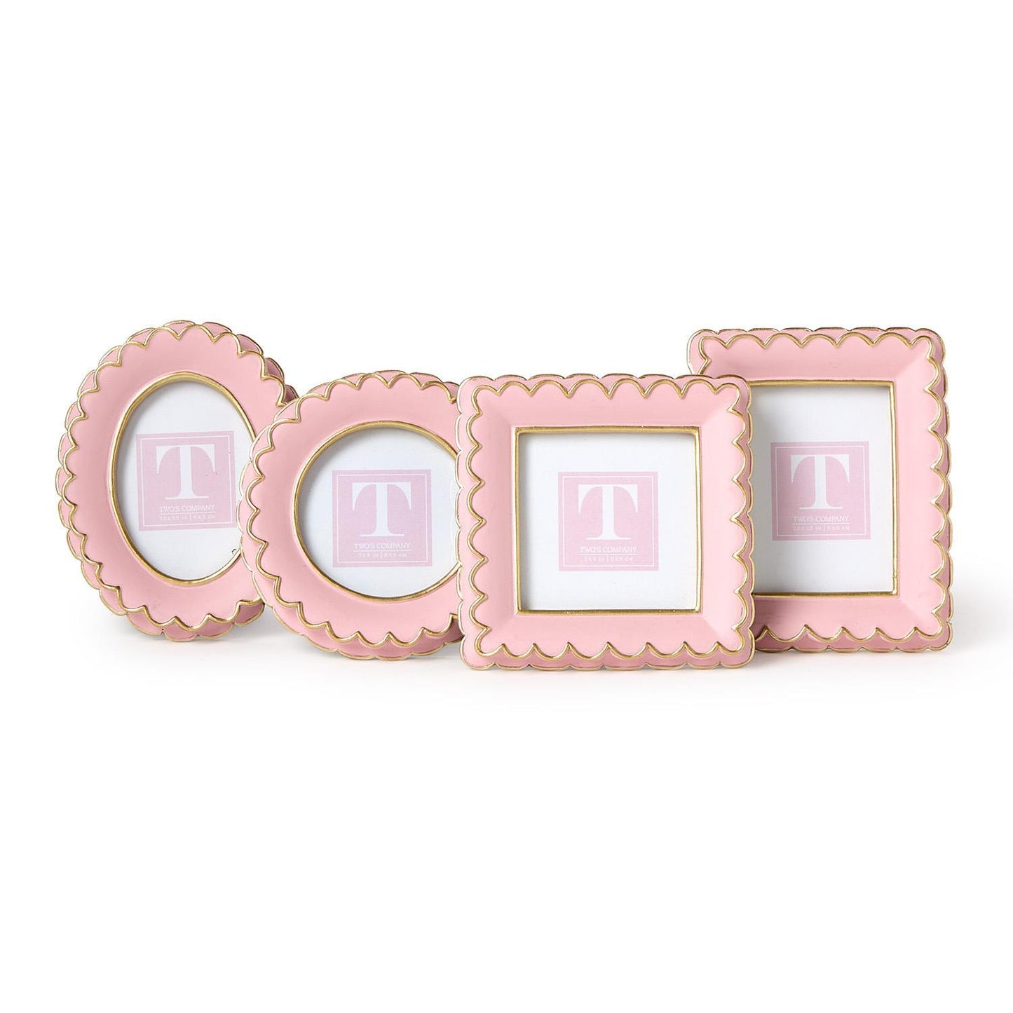Set of four pink scalloped mini photo frames, two oval, two square, resin with gold edges. Available in mini sizes.