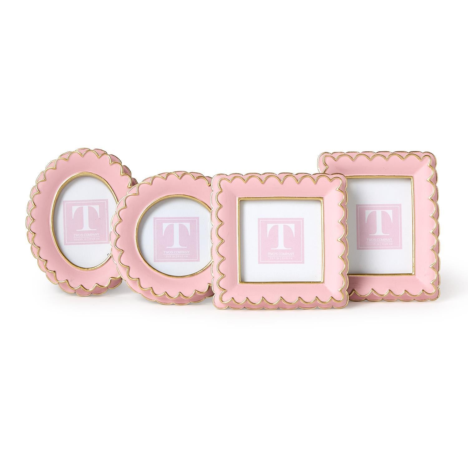 Set of four pink scalloped mini photo frames, two oval, two square, resin with gold edges. Available in mini sizes.