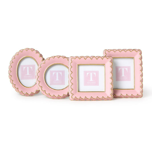 Set of four pink scalloped mini photo frames, two oval, two square, resin with gold edges. Available in mini sizes.