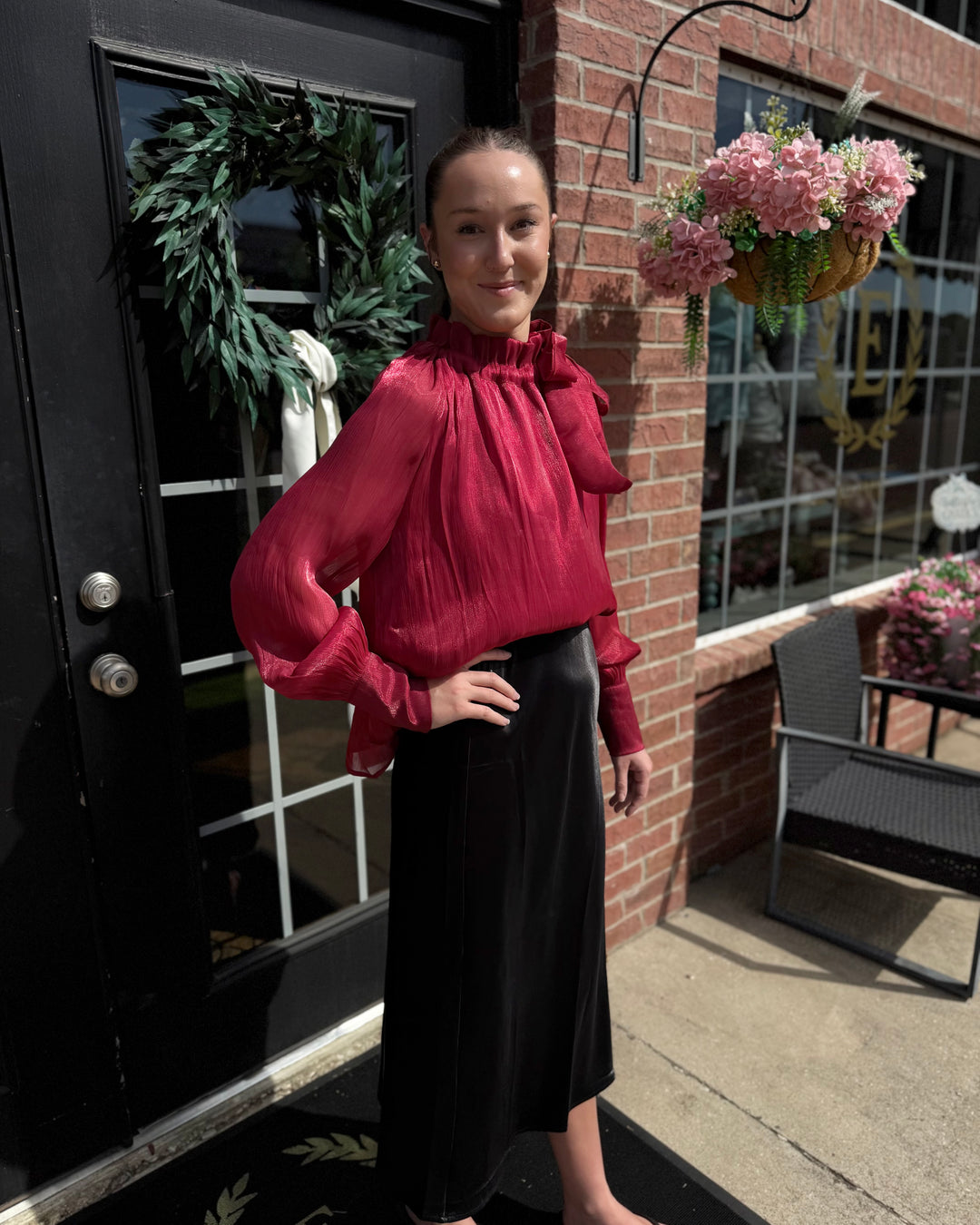 Red Ruffle Neck Adjustable Tie Long Sleeve Blouse, available in sizes XS-XL.