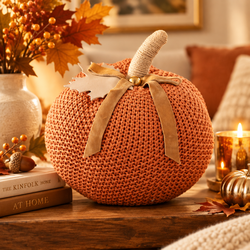 Burnt orange cozy knit pumpkin with a fabric stem and ribbon. Available in small, medium, and large.