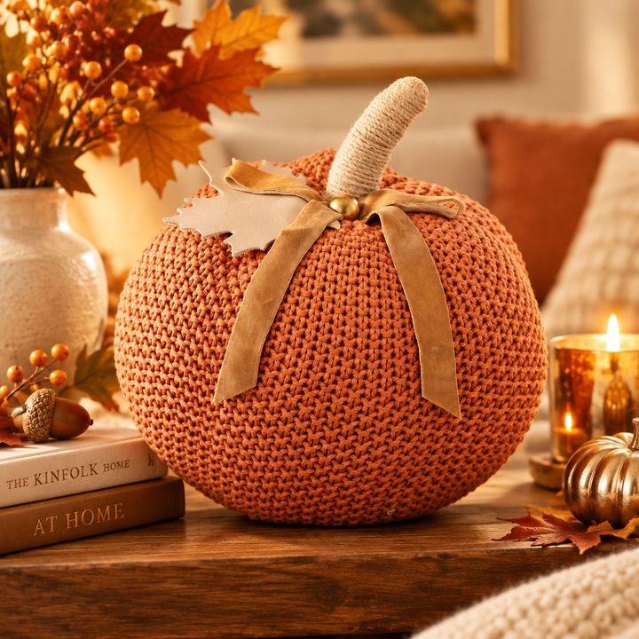 Burnt orange cozy knit pumpkin with a fabric stem and ribbon. Available in small, medium, and large.