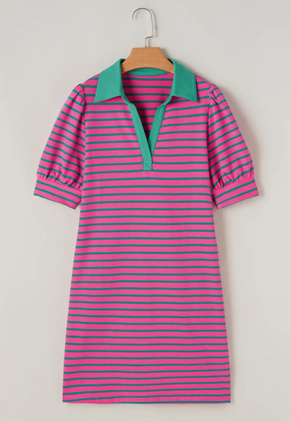 Striped Puff Sleeve Dress with pink and blue stripes, puffed sleeves, green collar. Available in sizes XS-L.