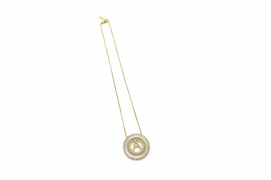 Crystal Initial Necklace: delicate chain, gold double-ring pendant with sparkling stones. Available in 16", 18", and 20" sizes.