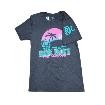 Dark gray Miami Vice T-Shirt with tropical sunset, palm trees, wave, aqua/pink text. Sizes S-XXL. "RDHC" on sleeve.