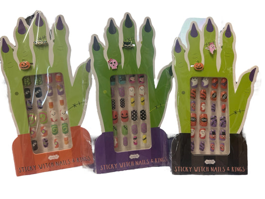 Set of 3 Halloween Nail Sets: green witch hands, long purple press-on nails with pumpkin, ghost, bat designs. Sizes S/M/L.
