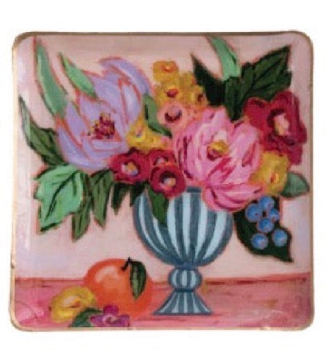 Square Enamel Floral Tray with a hand-painted vase of vibrant flowers and green leaves, fruit at the base. Available in multiple sizes.